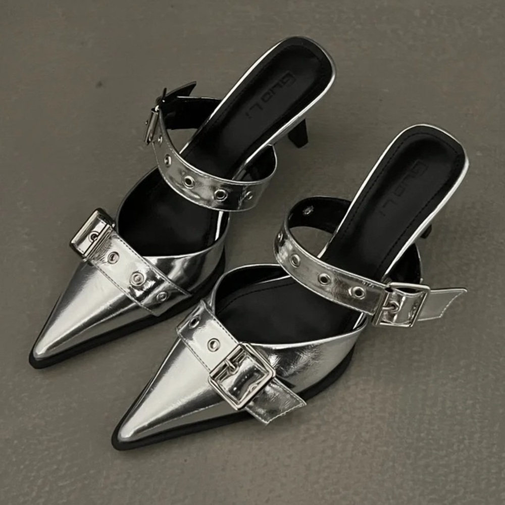 Silver Point-Toe Kitten Heels